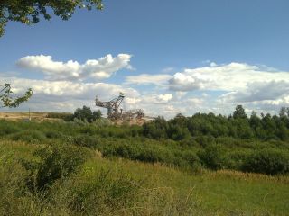 Trochę dziwny widok - zza zieleni traw i drzew wyłania się koparka odkrywkowa